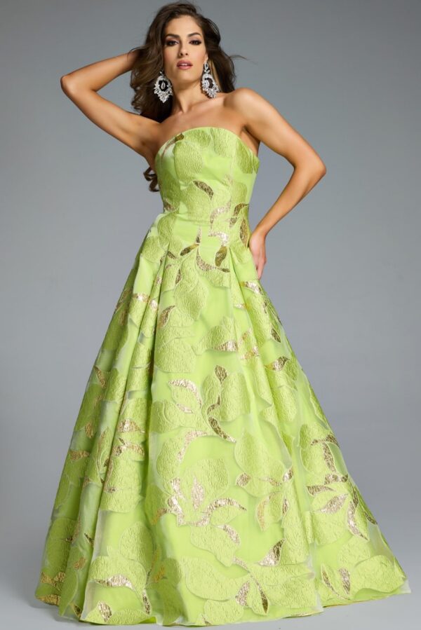 Strapless A-Line Gown with Textured Floral Motif 44369