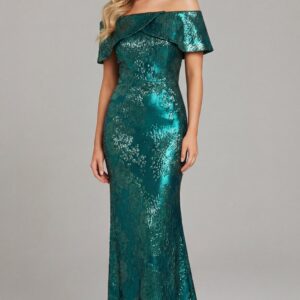 Off Shoulder Metallic Column Gown With Structured Bodice 44757
