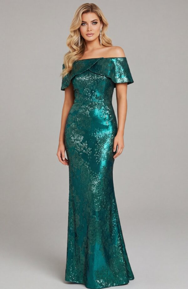 Off Shoulder Metallic Column Gown With Structured Bodice 44757