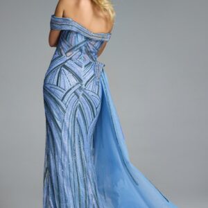 Off-the-Shoulder Sequined A-Line Gown with Draped Bodice 44843