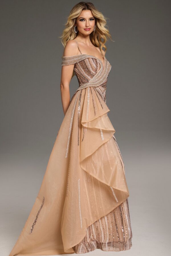 Off-the-Shoulder Sequined A-Line Gown with Draped Bodice 44843
