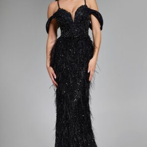 Feathered Plunge Gown with Dazzling Embellishments 44848