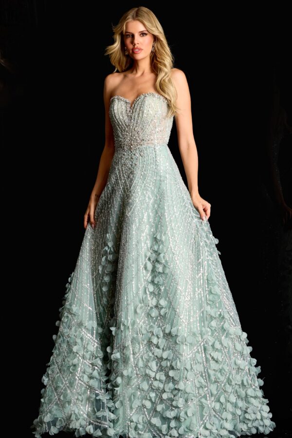 Beaded A-Line Gown With 3D Floral Details 45069