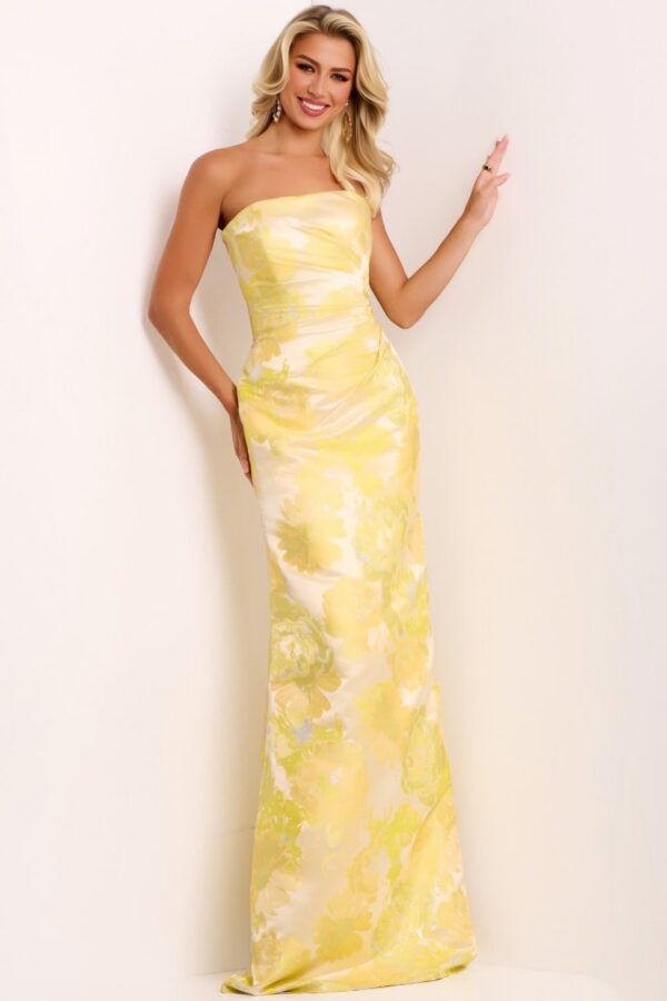 Elegant Strapless Gown with Sheen Floral Overlay 45289