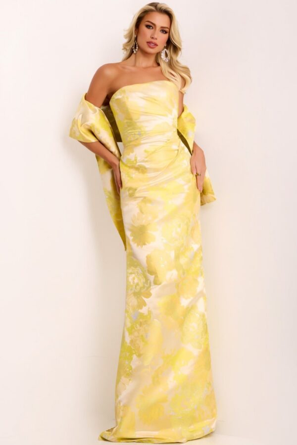 Elegant Strapless Gown with Sheen Floral Overlay 45289