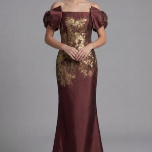 Off Shoulder Gown With Gold Floral Brocade Detail 45579