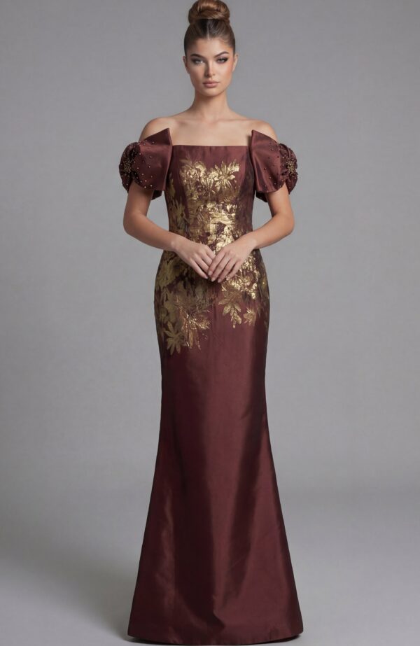 Off Shoulder Gown With Gold Floral Brocade Detail 45579