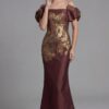 Off Shoulder Gown With Gold Floral Brocade Detail 45579