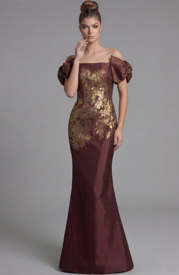 Off Shoulder Gown With Gold Floral Brocade Detail 45579