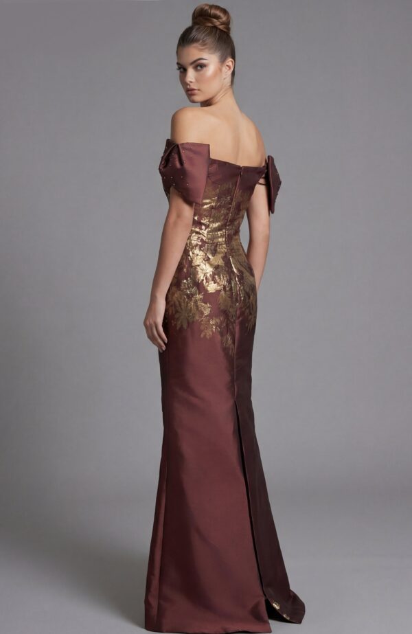 Off Shoulder Gown With Gold Floral Brocade Detail 45579