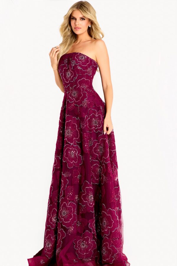 46033_BURGUNDY_14252.jpg Strapless Ball Gown with Beaded Floral Appliques 46033