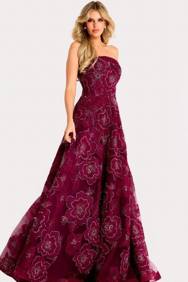46033_BURGUNDY_14258.jpg Strapless Ball Gown with Beaded Floral Appliques 46033