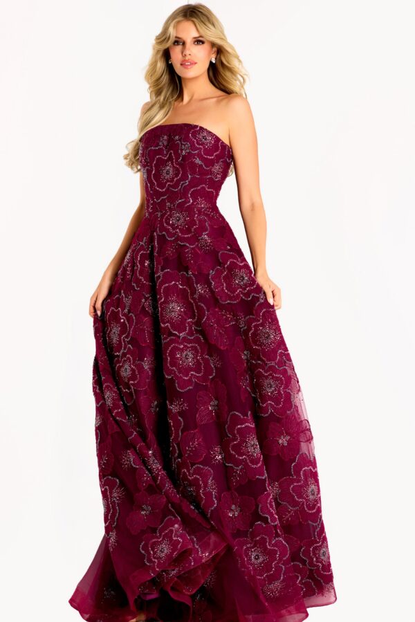 46033_BURGUNDY_14259.jpg Strapless Ball Gown with Beaded Floral Appliques 46033