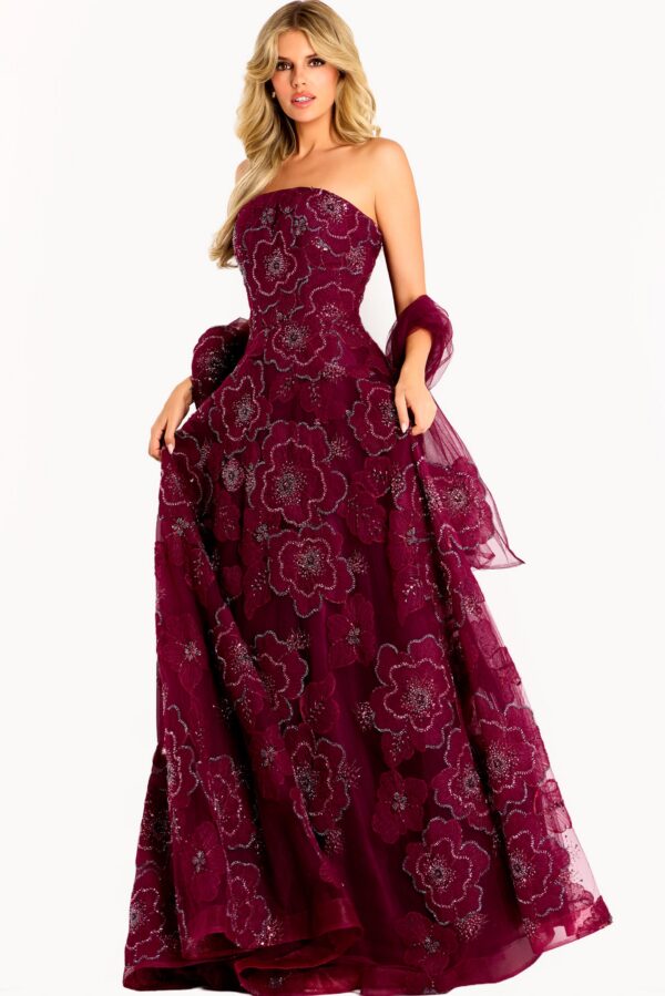 46033_BURGUNDY_14288.jpg Strapless Ball Gown with Beaded Floral Appliques 46033