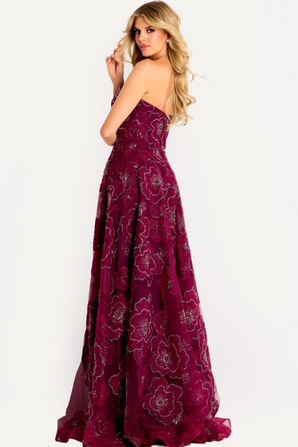 46033_BURGUNDY_14297.jpg Strapless Ball Gown with Beaded Floral Appliques 46033
