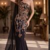 Floral Applique One Shoulder Cape Gown 46243