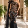 Floral Applique One Shoulder Cape Gown 46243