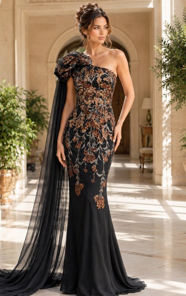 Floral Applique One Shoulder Cape Gown 46243