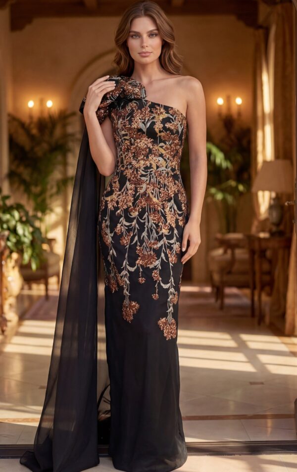 Floral Applique One Shoulder Cape Gown 46243