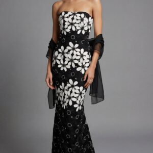 Strapless Floral Brocade Column Gown 46261