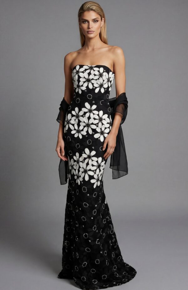 Strapless Floral Brocade Column Gown 46261