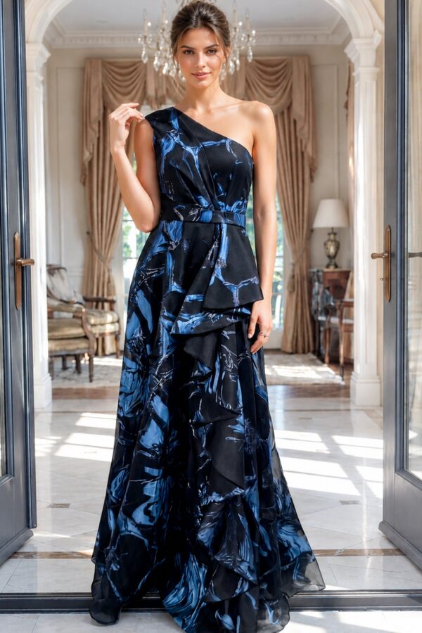 Floral Print One Shoulder A Line Gown 46319