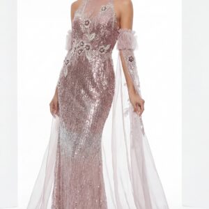 Embellished Sheer Sleeve Gown with Halter Neckline 46674