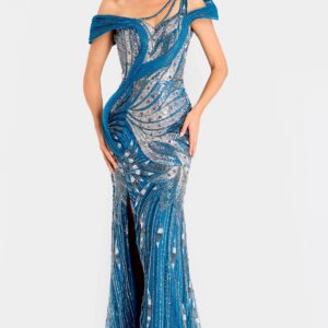46858_BLUE_2024.jpg Off Shoulder Beaded Gown With Side Slit 46858