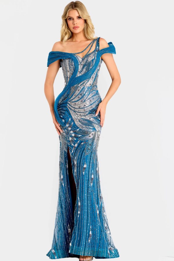 Off Shoulder Beaded Gown With Side Slit 46858