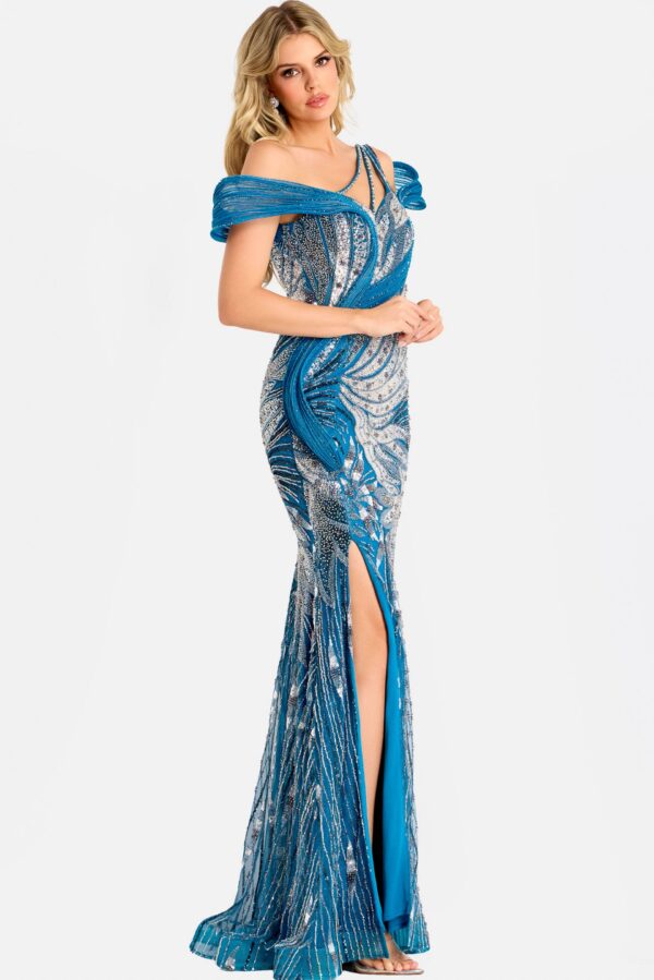 Off Shoulder Beaded Gown With Side Slit 46858