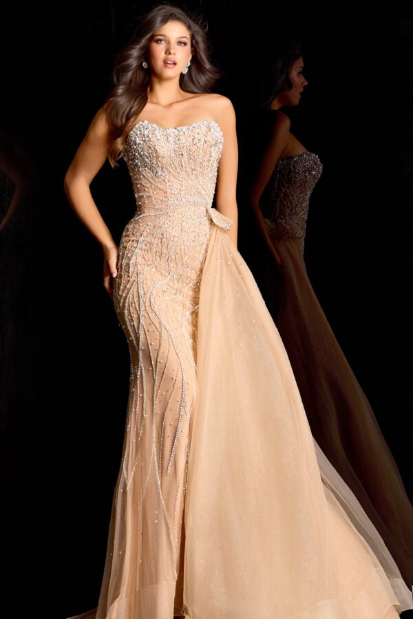 46865_CHAMPAGNE_4572.jpg Beaded Gown With Sheer Overskirt 46865