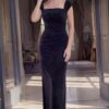 Square Neck Velvet Gown With Cap Sleeves 47104