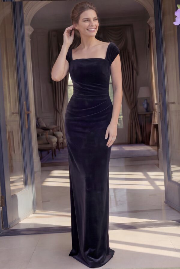 Square Neck Velvet Gown With Cap Sleeves 47104