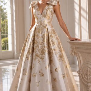 47491-cafe.jpg Brocade Cap Sleeve A Line Gown 47491