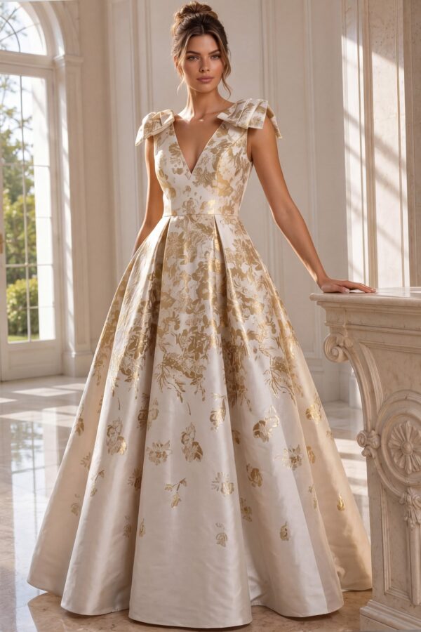 Brocade Cap Sleeve A Line Gown 47491
