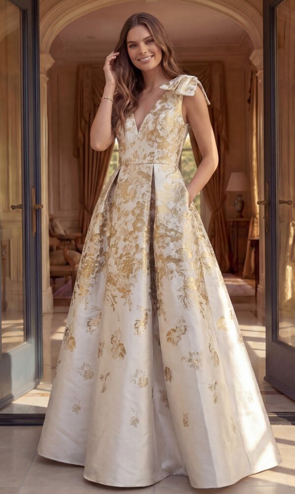 Brocade Cap Sleeve A Line Gown 47491