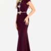 47619_PLUM_13586.jpg Fitted Gown With Rhinestone Bow Accents 47619