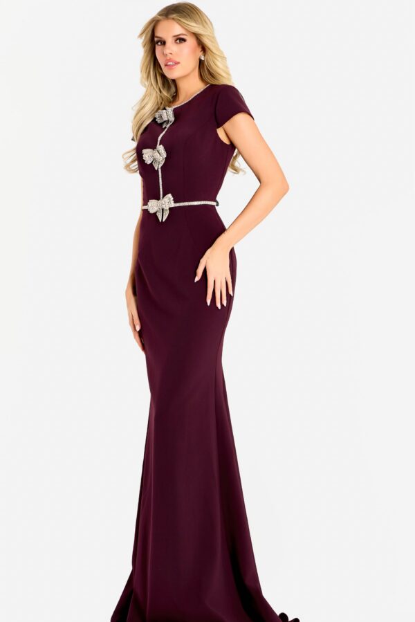47619_PLUM_13586.jpg Fitted Gown With Rhinestone Bow Accents 47619