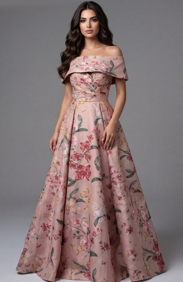 47629-front.jpg Off Shoulder Floral Ball Gown With Structured Bodice 47629
