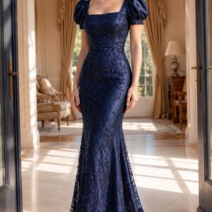 Fitted Navy Gown with Puff Sleeves 48111