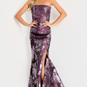 48186_PURPLE_14656-copy.jpg Strapless Floral Jacquard Gown With Front Slit 48186