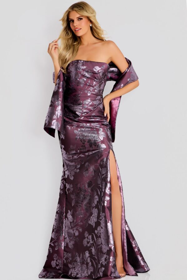 Strapless Floral Jacquard Gown With Front Slit 48186