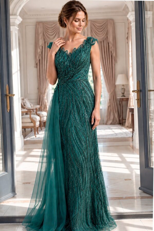 48413-green-90.jpg Beaded V Neck Sheath Gown 48413