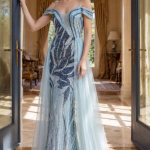 Beaded Off Shoulder A Line Tulle Gown 48419