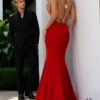 48663-red-back.jpg Plunging Neck Open Back Fitted Gown 48663