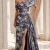 Floral Print One Shoulder Slit Gown 49564