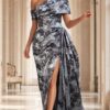 Floral Print One Shoulder Slit Gown 49564