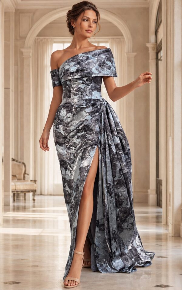 Floral Print One Shoulder Slit Gown 49564