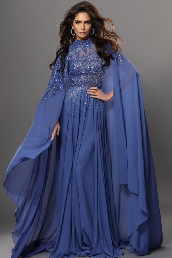 Beaded Cape Sleeves A Line Dress 49742
