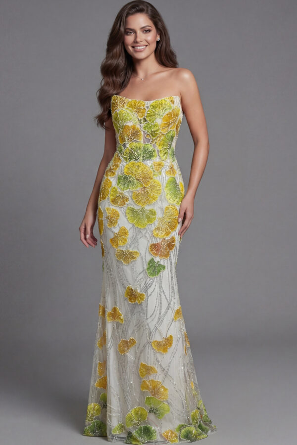 Strapless Floral Embellished Mermaid Gown 49884